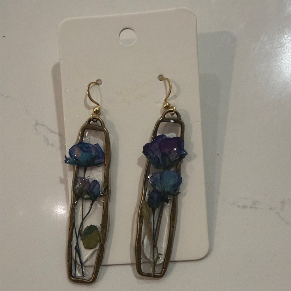 Elegant Blue and Gold Floral Earrings